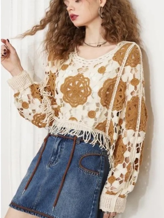 Boutique Tops - Boho Crochet Fringe Top/Poncho in Cream & Mustard O/S (fits most)